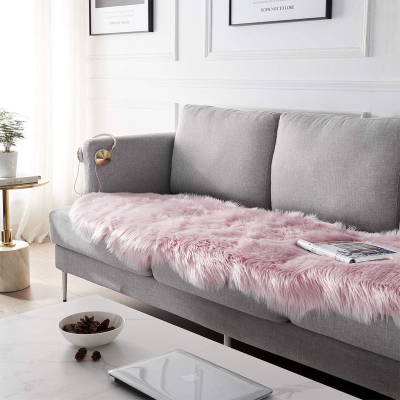 SERISSA Ultra Soft Fluffy Pink Faux Sheepskin Fur Shaggy Couch Cover Furry Carpet for Kids Room Fuzzy Plush Rug for Bedroom Living Room Runner, 2x6 Feet (Sheepskin Shape,Pink) - Image 3